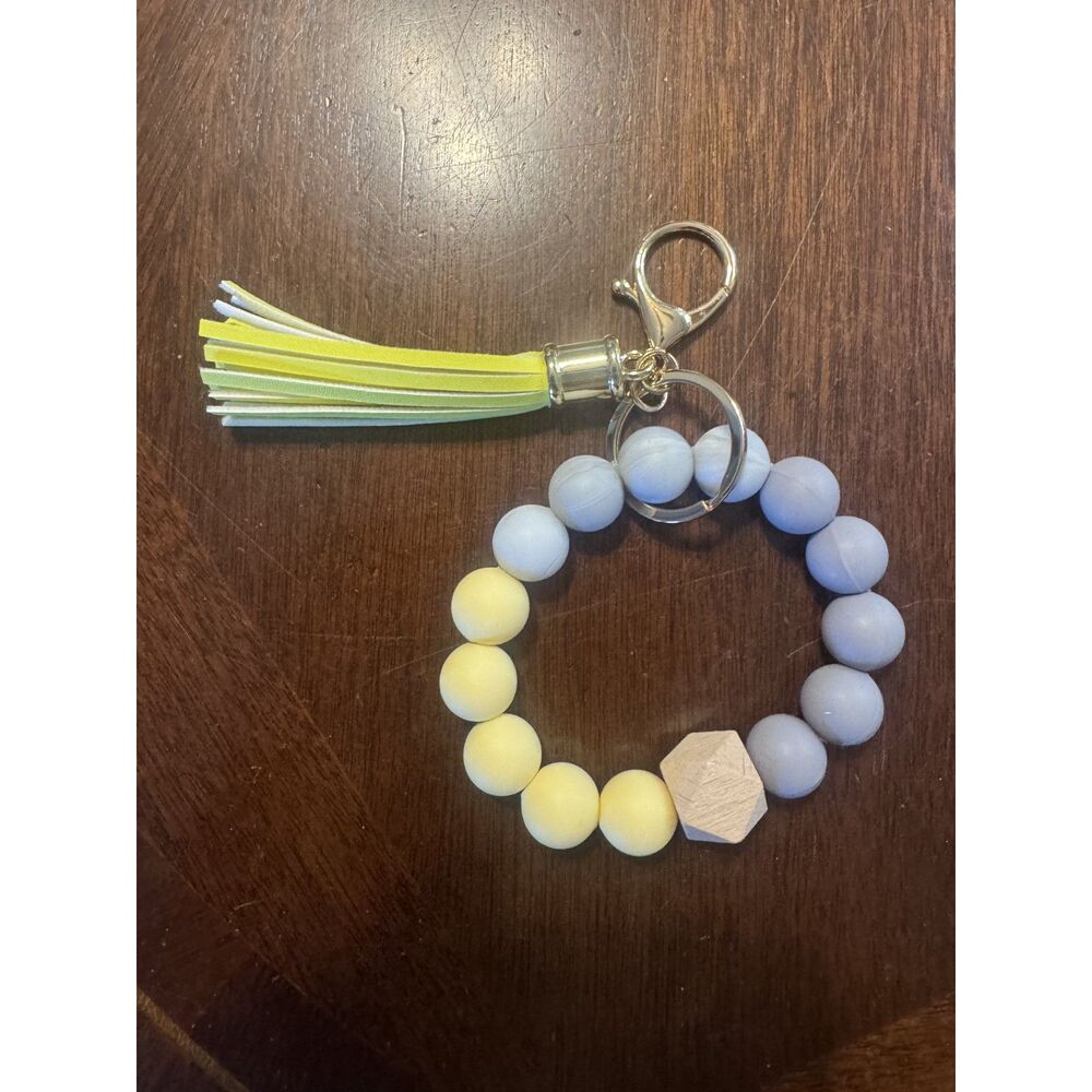 Handmade Elastic Bangle Bracelet Wristlet Keychain Yellow and Gray NEW
